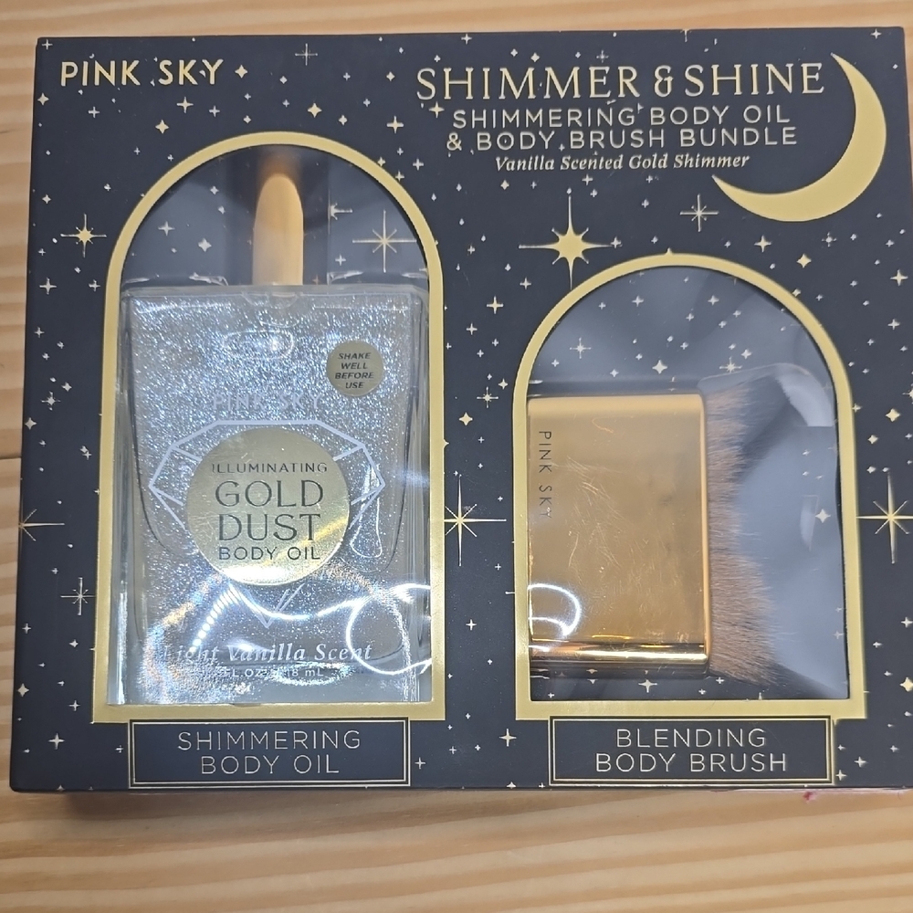 Pink Sky Shimmering Gold Dust Body Oil & Brush Set Vanilla Scented New